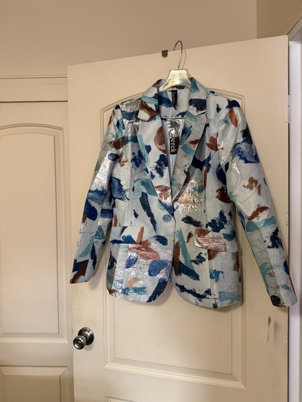 Chic  Light Blue Blazer with Navy, Teal, silver and Copper Brushstrokes